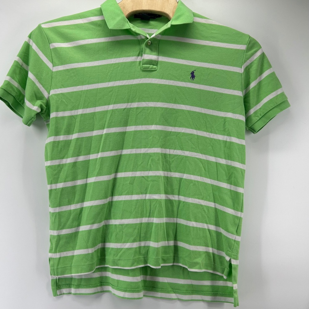 Polo Ralph Lauren Polo Shirt Mens L Green White Striped Short Sleeve Cotton Pony